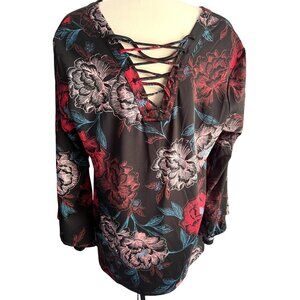 New Directions Floral Lace Back Blouse Sz XL Womens Brown Bell Sleeve